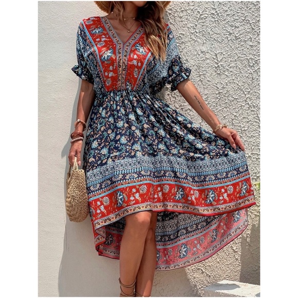 Boho Floral Paisley Print High Low Midi Dress - Picture 3 of 5